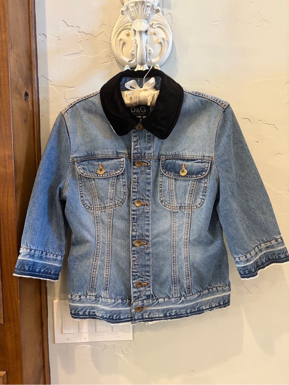 D&G by Dolce & Gabbana Light Blue Denim Jacket with 3/4 Sleeves, Black Collar